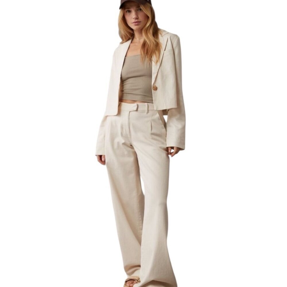 American Eagle Linen Notch Lapel Boxy Blazer Womens Sz L Minimalist Capsule Work